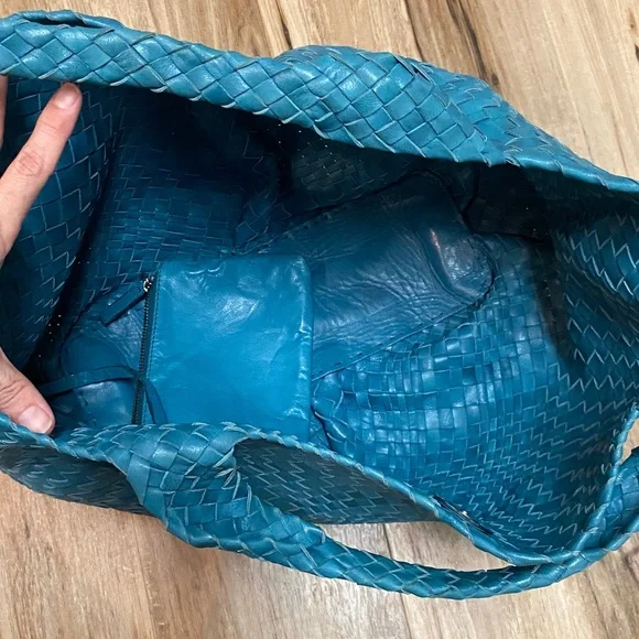 FALOR WOVEN ITALIAN SUPPLE LEATHER HANDBAG ITALIA TEAL W/ COIN POUCH ELEGANT EUC - Picture 11 of 14